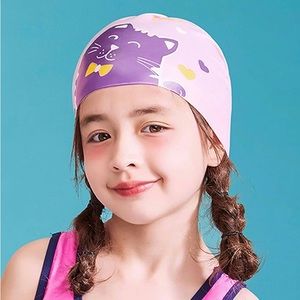 Clearance! ⚠️ NIB - Set of 2 Child’s Pink w/Cat Silicone Swim Caps, Ages 3-8